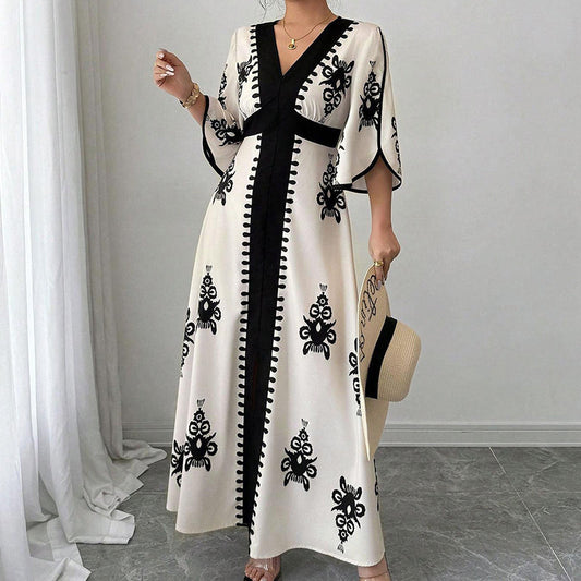 👗30% RABATT NU!🎀Elegant maxiklänning med V-ringning och mönster för damer