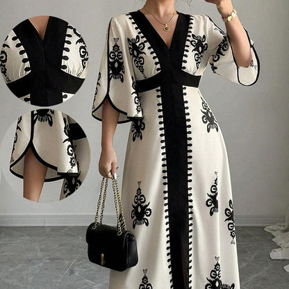 👗30% RABATT NU!🎀Elegant maxiklänning med V-ringning och mönster för damer