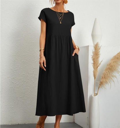 👗30% RABATT NU!🎀Klänning med rund hals i bomull för kvinnor
