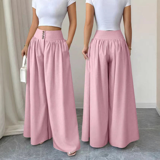 🌸 40% RABATT NU! 🌈 Dambyxor med Hög Midja, Plisserade Vida Ben