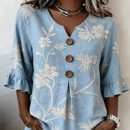 👚 Sommarblus för damer med blommönster och volangärmar — Lätt blus med V-ringning och kaskadvolanger