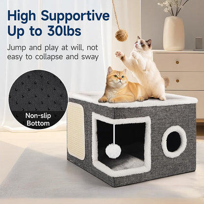 📢📢50% RABATT NU!! ⏰🐱 Hopfällbart 2-i-1 Katthusbur – Två Nivåer, Inbyggd Klösmatta & Kompakt Design