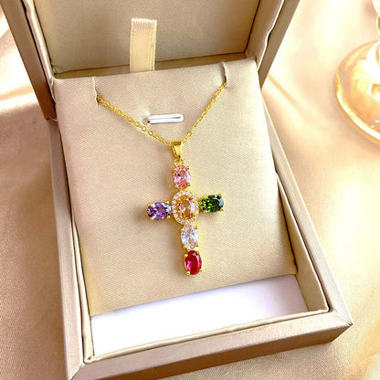 ✨ 50% RABATT NU! ✨Damhalsband med Färgglatt Zirkon Korshängsmycke