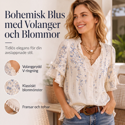 🌹 50% RABATT NU ! !🌹Damtopp med blommigt tryck och volanger, V-ringad