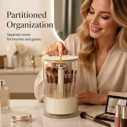💄 50 % RABATT NU! 🧹 Elegant dammsäker sminkborste-organisatör – tryck-upp förvaring, flera fack & skyddslock – perfekt för toalettbordet 💅