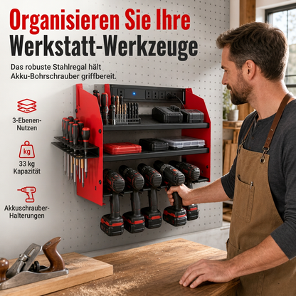 📢📢50% RABATT NU!! ⏰Wandmontierter Organizer für Elektrowerkzeuge und Bohrer-Aufbewahrungsregal mit Haken und Akkuhalterung für die Garage
