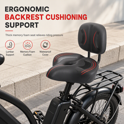 📢📢50% RABATT NU!! ⏰Bred Cykelsadel med Ryggstöd – Extra Stor Sittdyna för Elcyklar, Trehjulingar & Motionscyklar