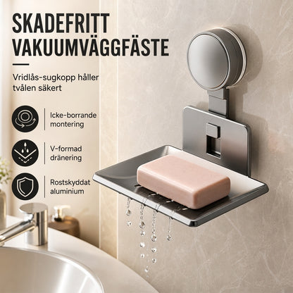 📢📢 50% RABATT!! ⏰ Vakuumsugande tvålhållare: V-formad dränering, rostfritt aluminium, ingen borrning, vridlås 🧼