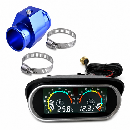 Universal 12V 24V Horizontal LCD Electronic Water Temperature and Voltage Gauge Set with 32mm Tee Joint Adapter