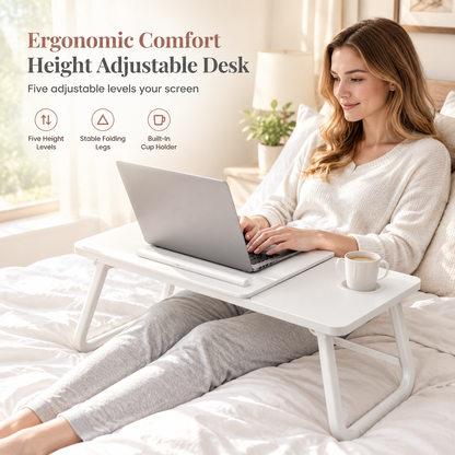 🔥50 % RABATT JUST NU🔥 Justerbart sängbord för laptop med mugghållare – 5 höjdnivåer, hopfällbart och bärbart laptopbord för säng och soffa 💻☕