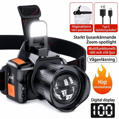 Super ljusstark LED-pannlampa med rörelsesensor, återuppladdningsbar med dubbla litiumbatterier, perfekt för nattfiske och camping utomhus